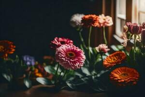 flores en un florero en un antepecho. generado por ai foto