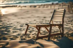 a wooden chair sits on the beach at sunset. AI-Generated photo