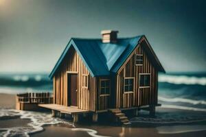 a miniature wooden house on the beach. AI-Generated photo