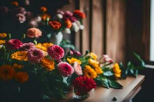 flowers on a table in front of a window. AI-Generated photo