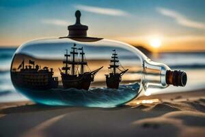ship in a bottle on the beach. AI-Generated photo