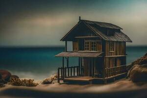 a miniature wooden house on the beach. AI-Generated photo