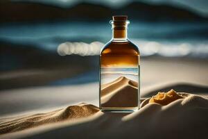 un botella de alcohol en el playa con arena. generado por ai foto