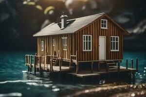 a small wooden house on a dock in the water. AI-Generated photo