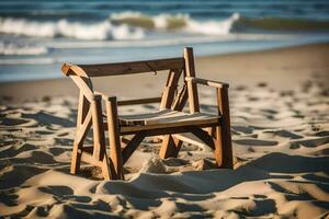 a wooden chair sits on the sand near the ocean. AI-Generated photo