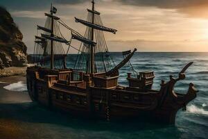 a pirate ship is on the beach at sunset. AI-Generated photo