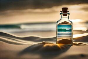 a bottle with sand on the beach and a wave inside. AI-Generated photo