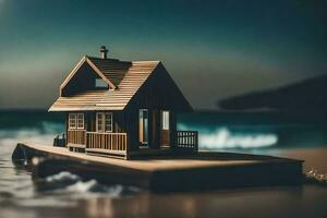 un miniatura casa en un muelle por el océano. generado por ai foto