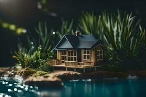 a miniature house on a small island in the water. AI-Generated photo