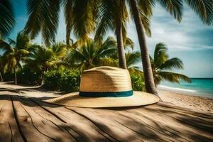 un Paja sombrero se sienta en un de madera mesa en frente de palma arboles generado por ai foto