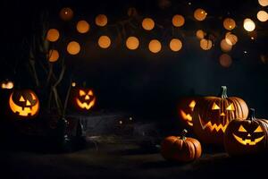 halloween pumpkins in the dark with lights. AI-Generated photo