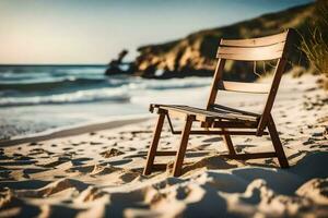 a wooden chair sits on the beach at sunset. AI-Generated photo