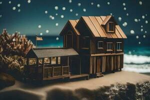 a miniature house on the beach with a tree. AI-Generated photo