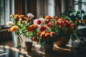 flowers in vases on a table. AI-Generated photo