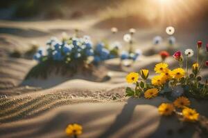 flowers in the sand at sunset. AI-Generated photo