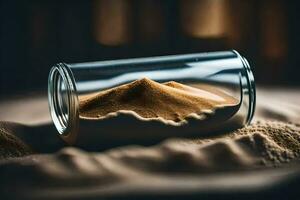 a glass jar filled with sand and a brown substance. AI-Generated photo