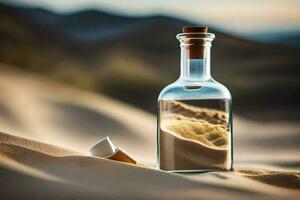a bottle of sand in the desert. AI-Generated photo