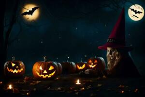 a witch sitting in front of pumpkins and bats. AI-Generated photo