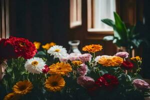 flores en un florero en un mesa en frente de un ventana. generado por ai foto