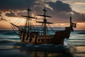 a wooden ship in the ocean at sunset. AI-Generated photo