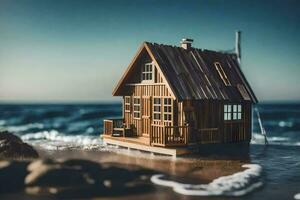 a miniature wooden house on the beach. AI-Generated photo