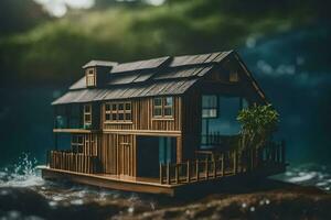 un miniatura casa flotante en el agua. generado por ai foto