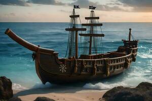 a pirate ship is on the beach near the ocean. AI-Generated photo