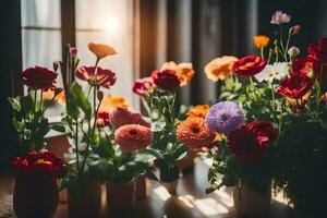 flowers in vases on a table in front of a window. AI-Generated photo