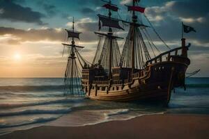 a pirate ship is on the beach at sunset. AI-Generated photo