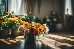 flores en floreros en un de madera piso. generado por ai foto