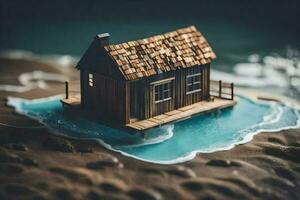 a miniature house on a small island in the ocean. AI-Generated photo