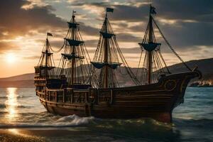 a pirate ship is sailing on the ocean at sunset. AI-Generated photo