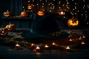 a witch hat and pumpkins surrounded by candles. AI-Generated photo