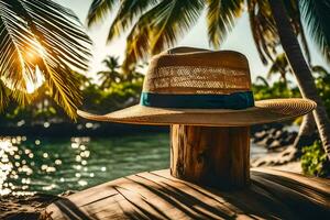 a hat sits on a wooden post near the ocean. AI-Generated photo