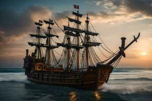 a pirate ship in the ocean at sunset. AI-Generated photo