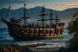 a pirate ship is sailing on the ocean. AI-Generated photo