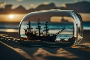 a ship in a bottle on the beach. AI-Generated photo