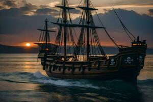 a pirate ship sailing in the ocean at sunset. AI-Generated photo