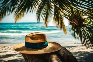 un Paja sombrero en un palma árbol en el playa. generado por ai foto