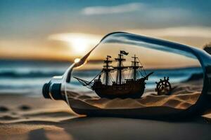 a ship in a bottle on the beach with a sunset in the background. AI-Generated photo