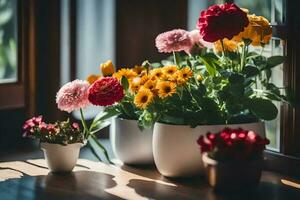 flowers in pots on a windowsill. AI-Generated photo