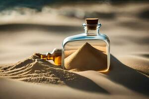 a bottle of sand in the sand with a message. AI-Generated photo