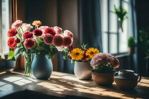 flowers in vases on a table. AI-Generated photo