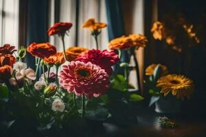 flores en un florero en un mesa cerca un ventana. generado por ai foto