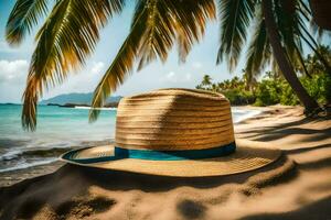 a straw hat sits on the sand near the ocean. AI-Generated photo