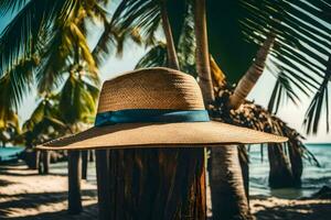 a hat sits on a wooden post near the beach. AI-Generated photo