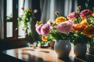 flowers in vases on a table. AI-Generated photo