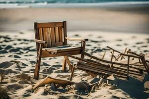 a chair on the beach with broken pieces of wood. AI-Generated photo