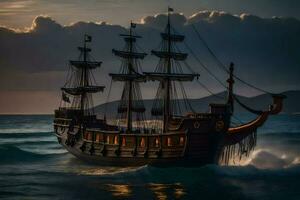 a pirate ship in the ocean at sunset. AI-Generated photo