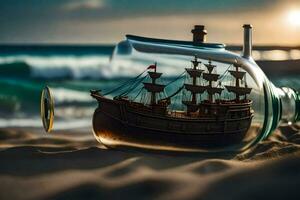 a ship in a bottle on the beach. AI-Generated photo